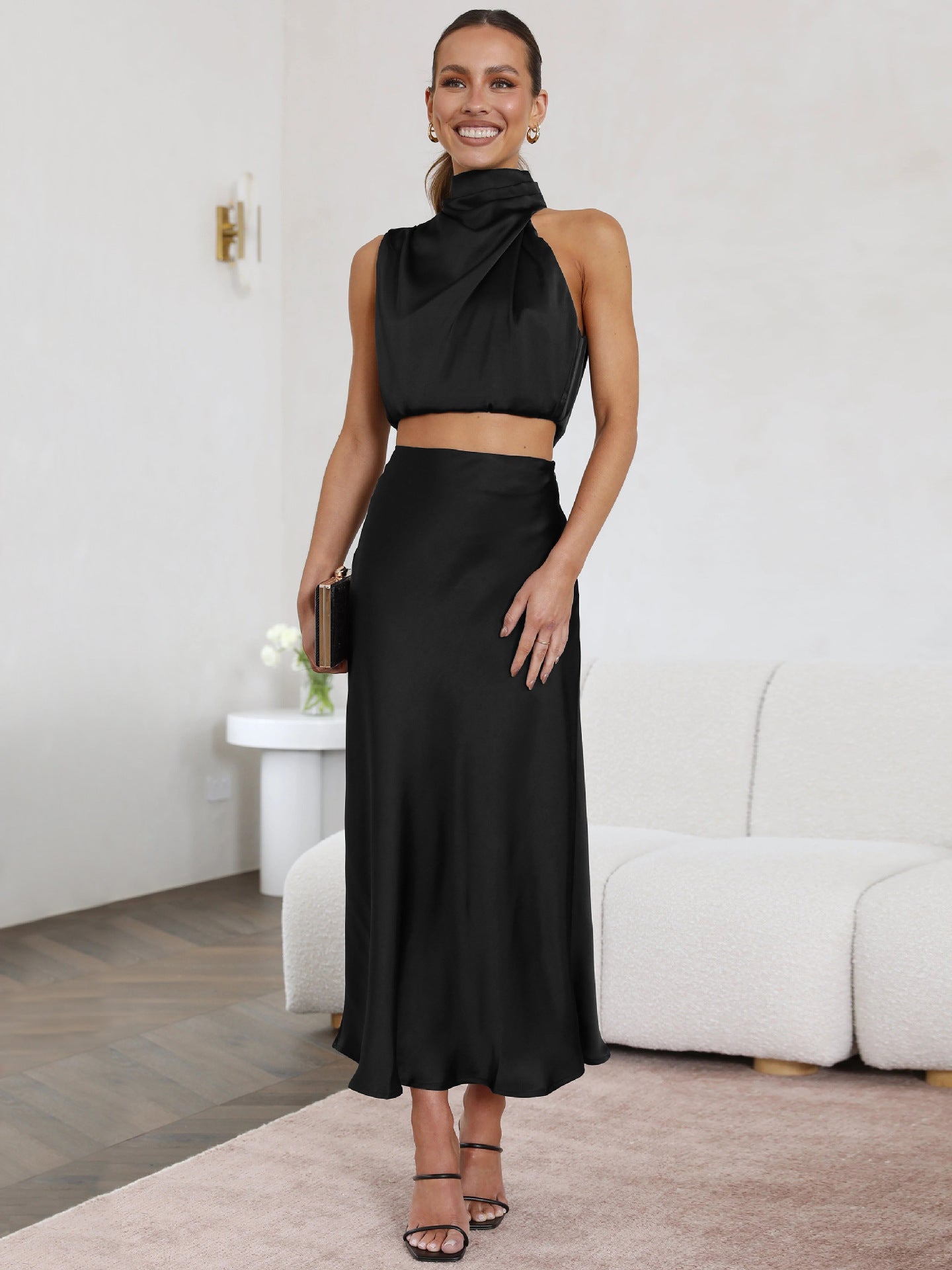 Sexy High Neck Tops and Long Skirts Two Pieces Evening Dresses-Dresses-Black-S-Free Shipping at meselling99