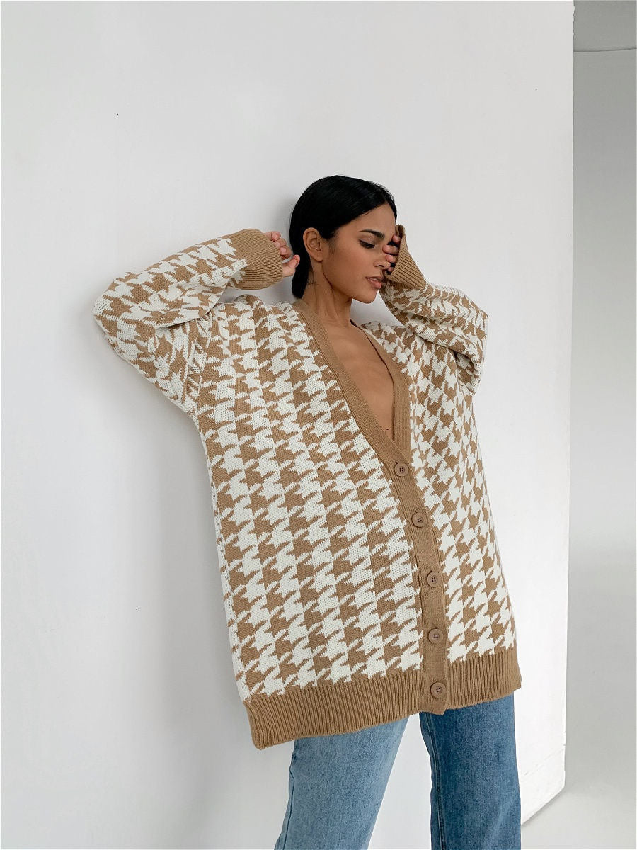 Women V Neck Knitted Plaid Long Sleeves Cardigan Overcoat-Women Sweaters-Khaki-S-Free Shipping at meselling99