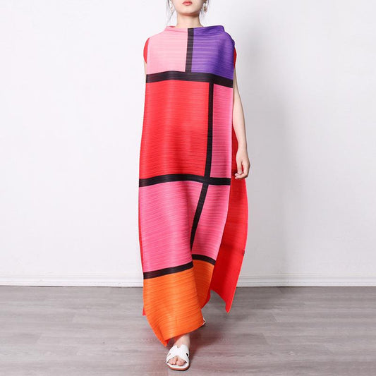 Summer Round Neck Colorful Plaid Long Dresses-Maxi Dresses-Red-One Size-Free Shipping at meselling99