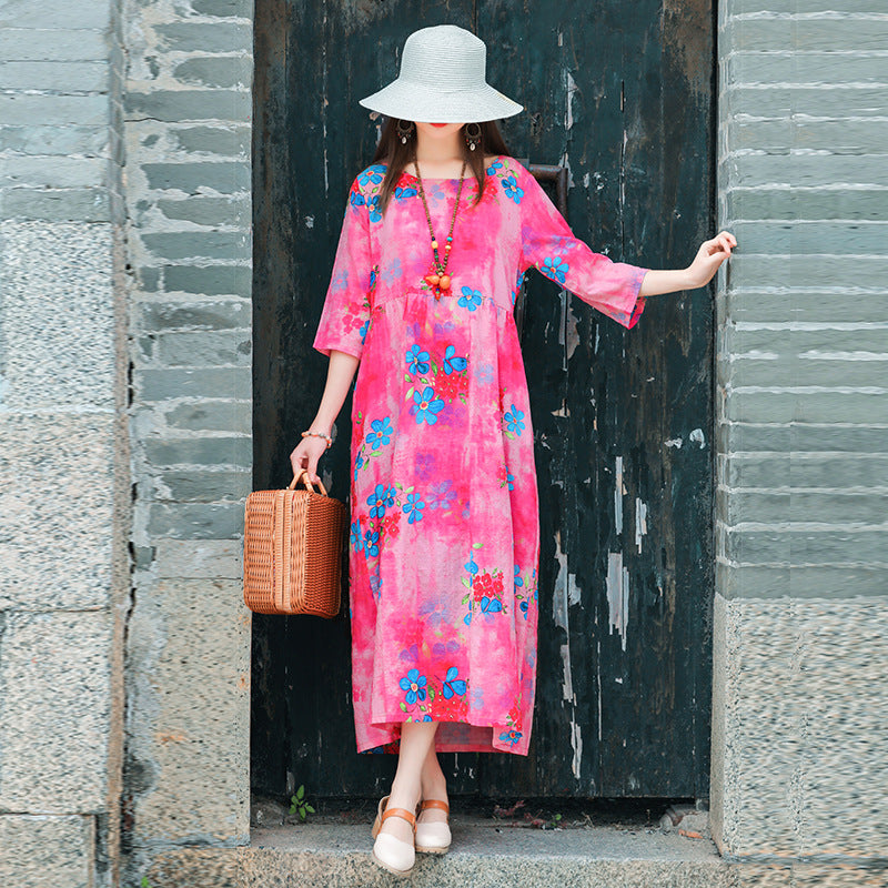 Ethinc Line Summer Half Sleeves Women Long Dresses-Dresses-Pink（887）-M-Free Shipping at meselling99