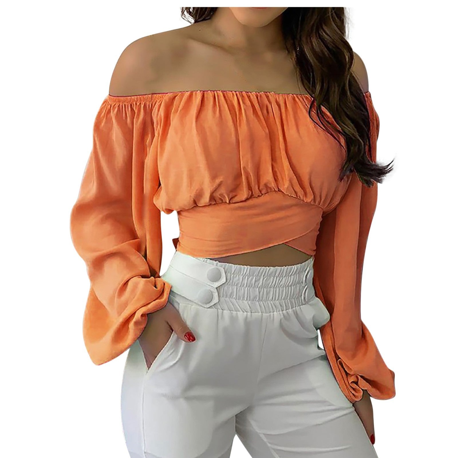 Sexy Off The Shoulder Midriff Baring Summer Short Tops-Shirts & Tops-Orange-S-Free Shipping at meselling99