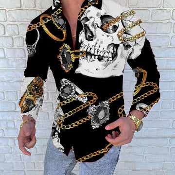 Casual Turnover Collar Print Men Long Sleeves Shirts-Skeleton-M-Free Shipping at meselling99