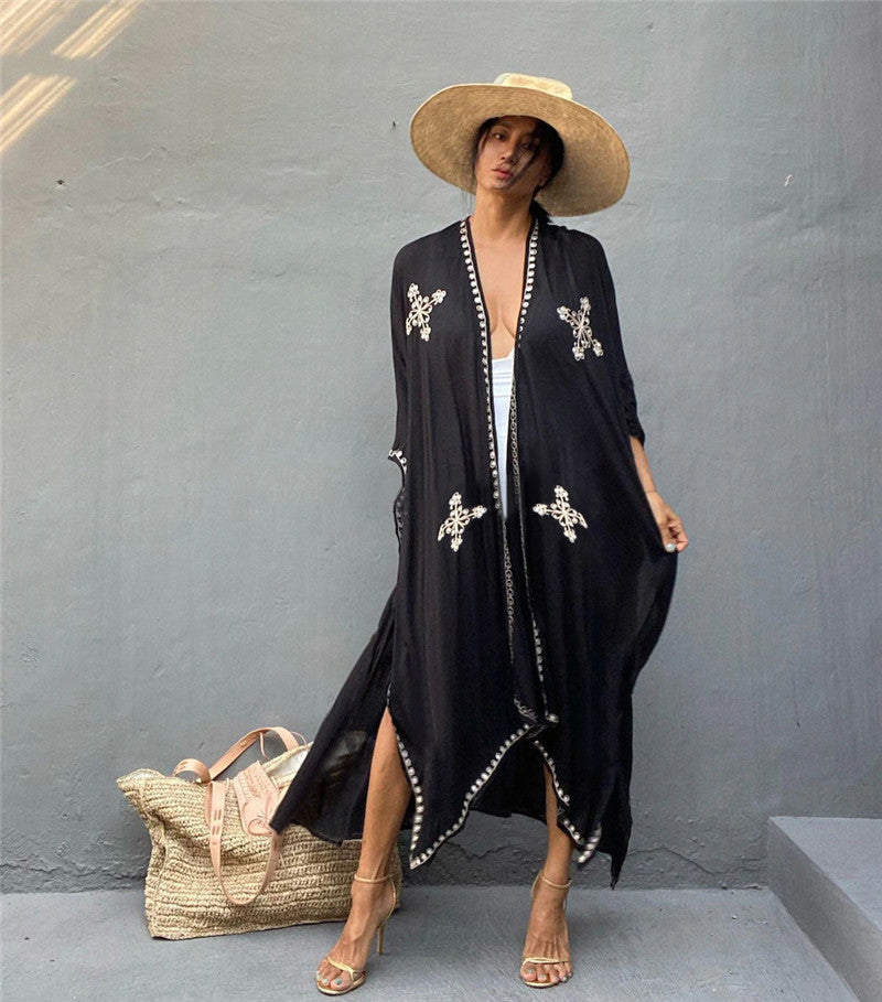 Boho Summer Holiday Kimono Cover Up Dresses-Black-One Size-Free Shipping at meselling99