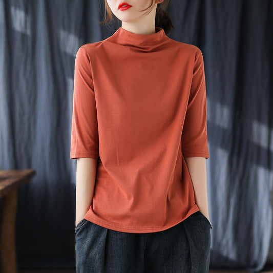 Vintage Half Sleeves Women High Neck T Shirts-Shirts & Tops-Orange-One Size-Free Shipping at meselling99