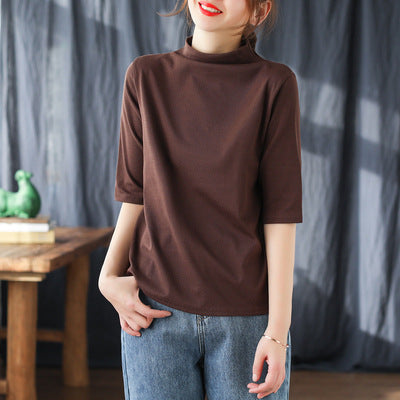 Vintage Half Sleeves Women High Neck T Shirts-Shirts & Tops-Coffee-One Size-Free Shipping at meselling99