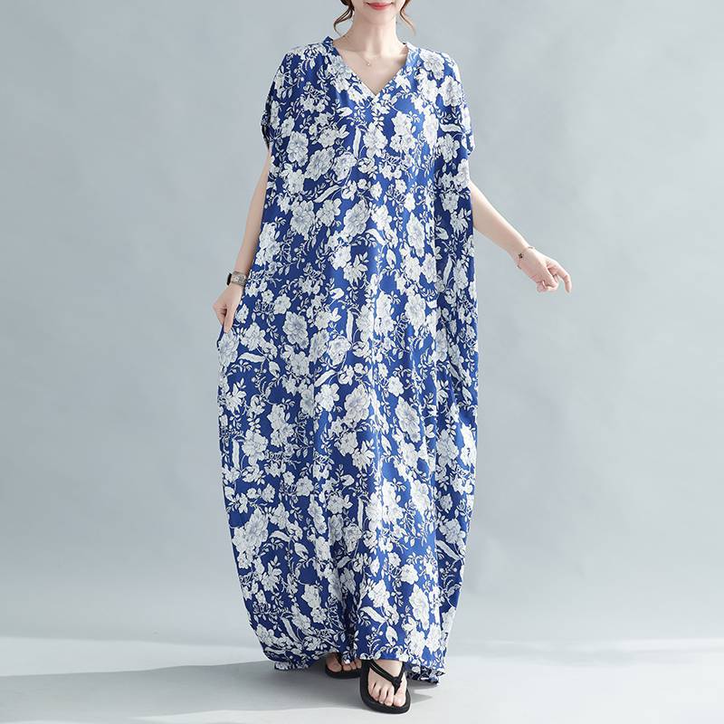 Women Summer Plus Sizes Long Dresses-Dresses-Blue Flower-One Size (50-120 kg)-Free Shipping at meselling99