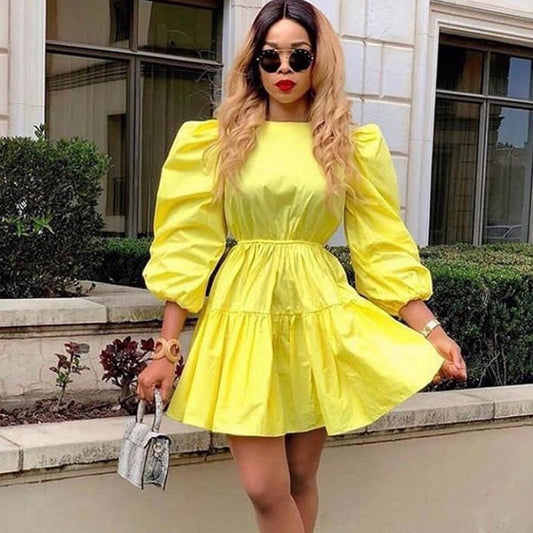 Yellow Women Ruffled Plus Sizes Short Dresses-Casual Dresses-Free Shipping at meselling99