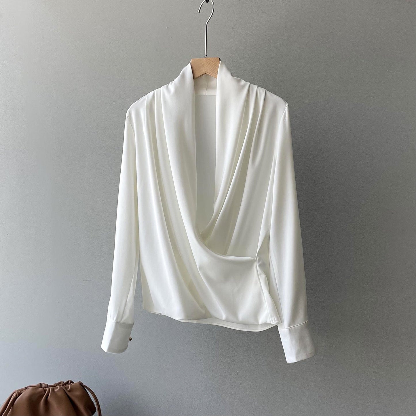 Elegant Satin Long Sleeves Office Lady Shirts-Shirts & Tops-White-M-Free Shipping at meselling99