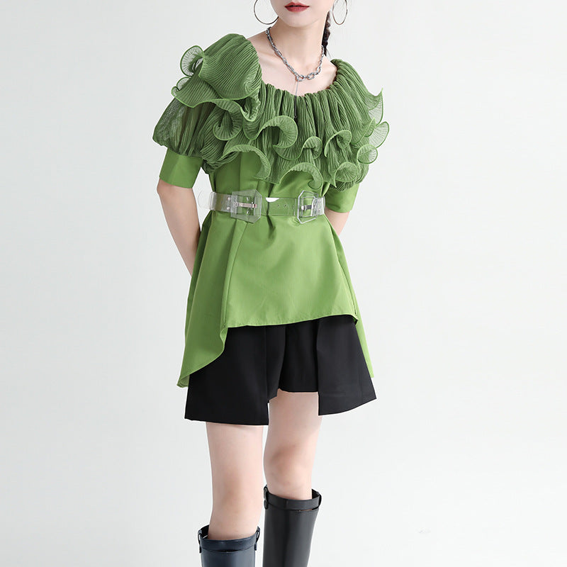 Summer Off The Shoulder Chiffon Ruffled Shirts with Belt for Girls-Shirts & Tops-Green-S-Free Shipping at meselling99