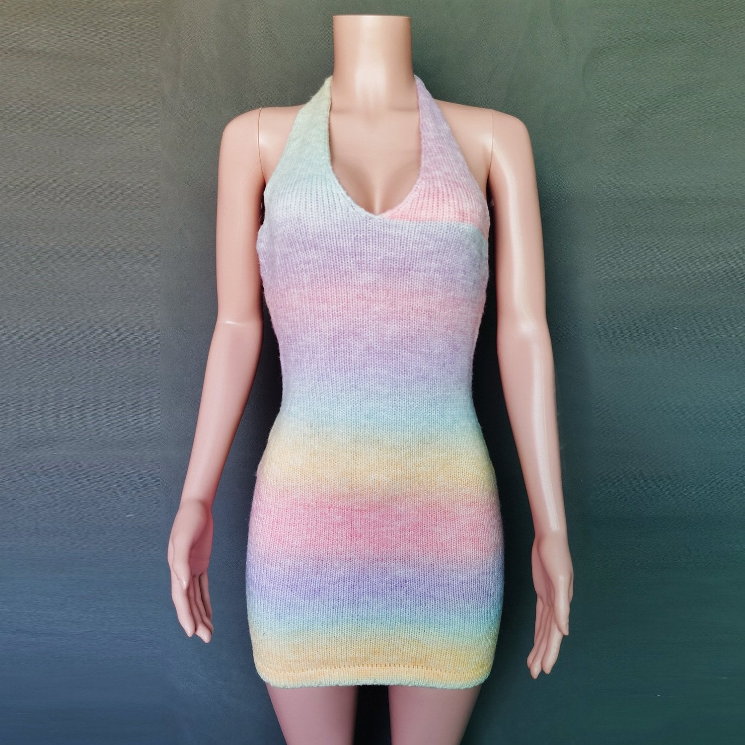 Sexy New Deep V-neck Rainbow Knitting Dresses-Sexy Dresses-Free Shipping at meselling99