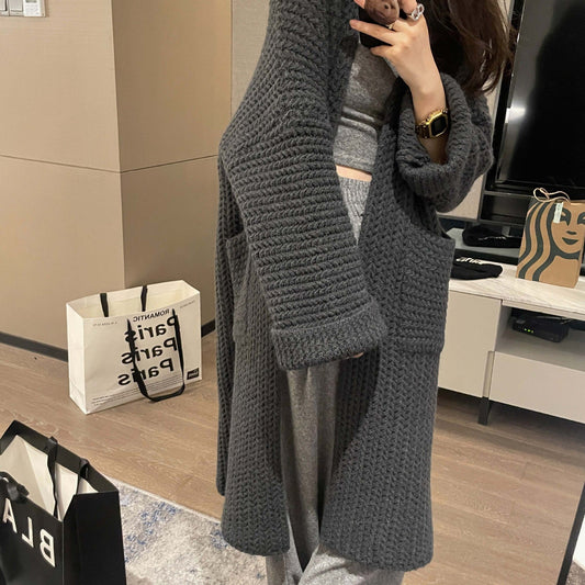 Casual Knitted Midi Length Top Coats-Outerwear-Gray-One Size-Free Shipping at meselling99