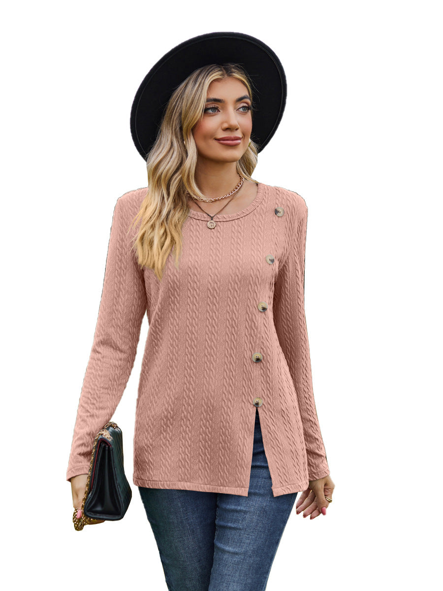 Fashion Round Neckline Button Long Sleeves Shirts-Shirts & Tops-Pink-S-Free Shipping at meselling99