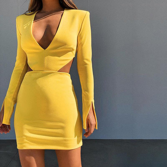Women Sexy V Neck Midriff Long Sleeves Dresses-Dresses-Yellow-S-Free Shipping at meselling99