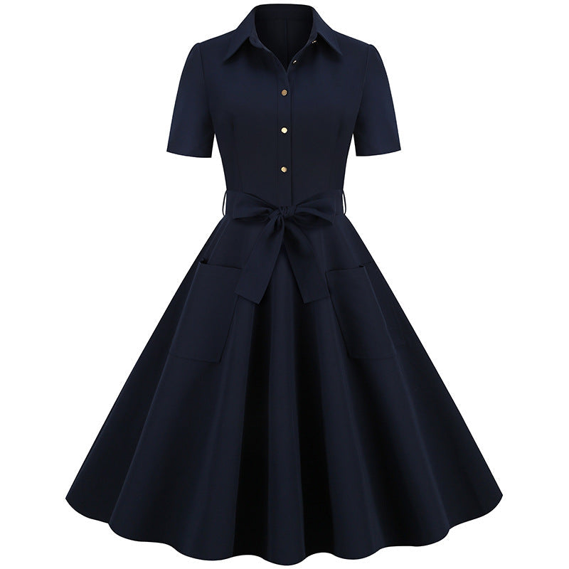 Elegant Short Sleeves Ball Dresses with Belt-Dresses-Navy Blue-S-Free Shipping at meselling99