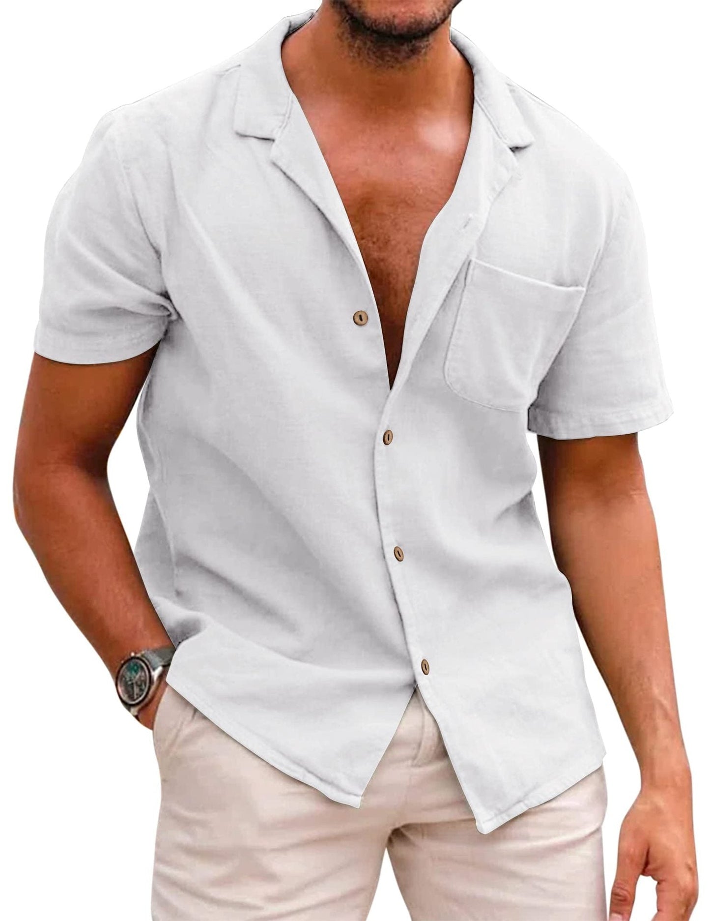 Casual Linen Short Sleeves Shirts for Men-Shirts & Tops-White-S-Free Shipping at meselling99