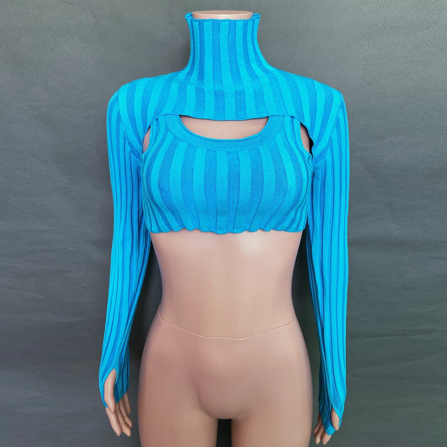 Sexy High Neck Knitted Women Short Tops Suits-Shirts & Tops-Blue-S-Free Shipping at meselling99