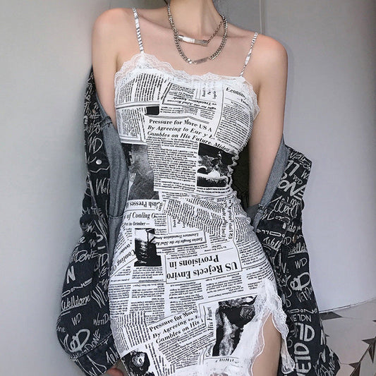 Sexy Newspaper Print Summer Sheath Mini Dresses-Dresses-Free Shipping at meselling99
