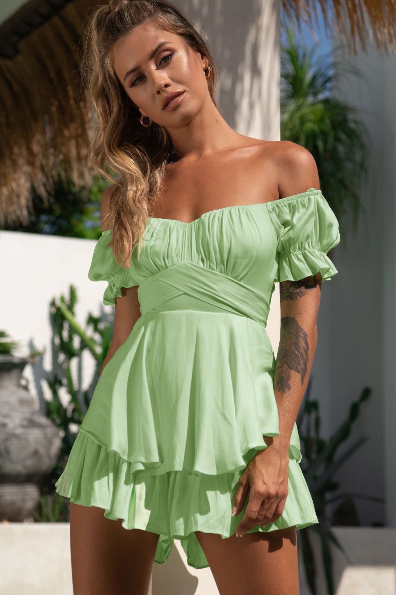 Sexy Off The Shoulder Bandage Short Jumpsuits-Dresses-Green-S-Free Shipping at meselling99