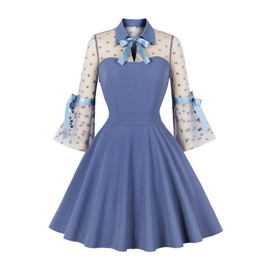 Elegant Tulle Vintage Long Sleeves Dresses-Dresses-Blue-S-Free Shipping at meselling99