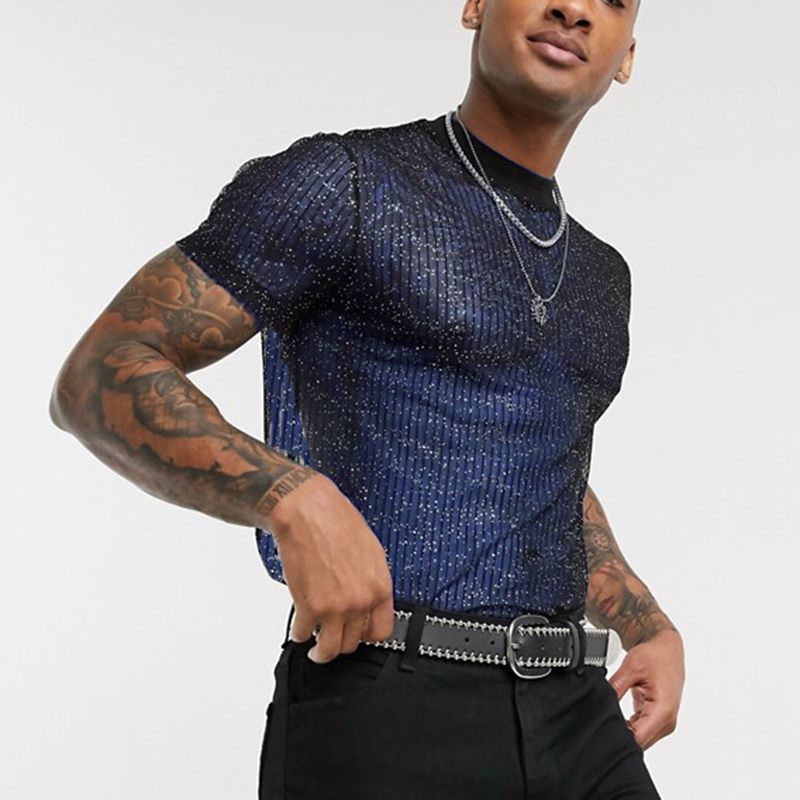 Sexy See Through Tulle Men's Night Party Shirts-Shirts & Tops-Blue-S-Free Shipping at meselling99