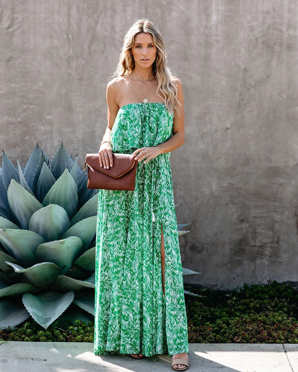 Green Leaf Print Strapless Ruffled Long Dresses-Maxi Dresses-Free Shipping at meselling99