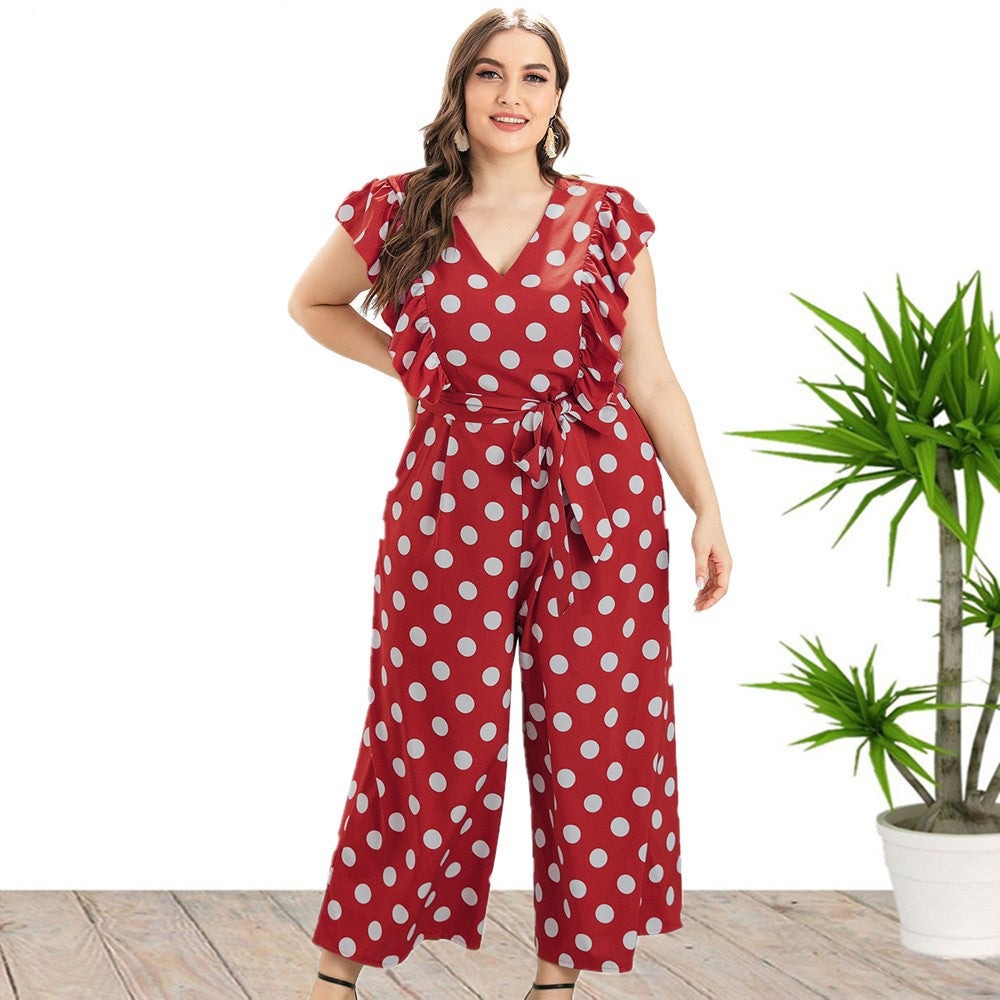 Summer Ruffed Polk Dot Plus Size Jumpsuits-Red-XL-US 14-Free Shipping at meselling99