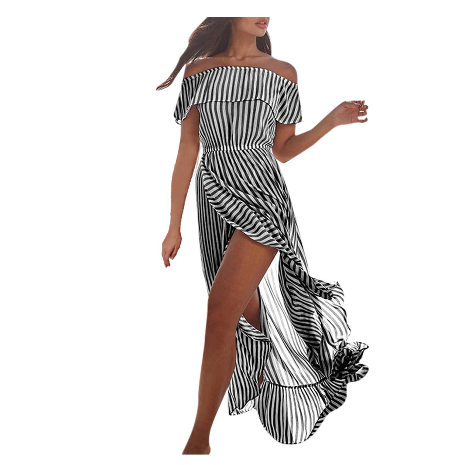 New Women Off The Shoudler Striped Irregular Long Dresses-Maxi Dresses-Black-S-Free Shipping at meselling99