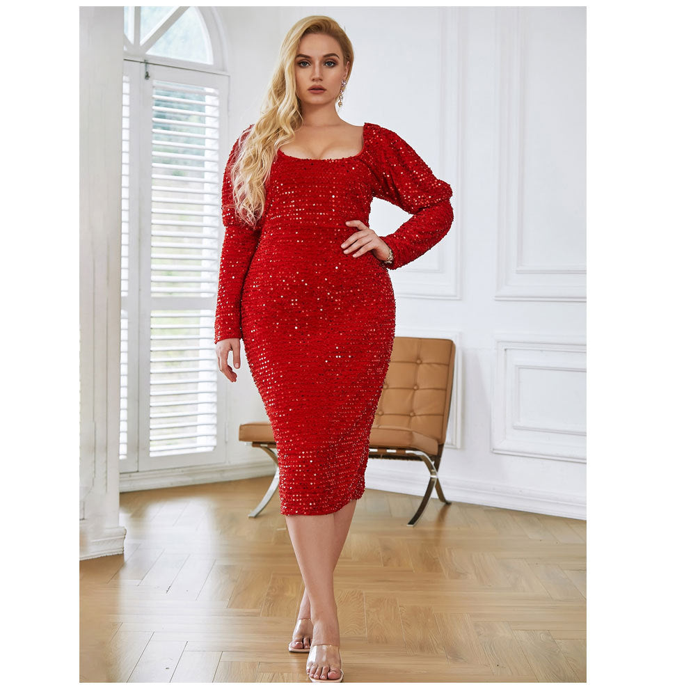 Summer Long Sleeves Sequined Plus Sizes Dresses-Dresses-Red-XL-Free Shipping at meselling99