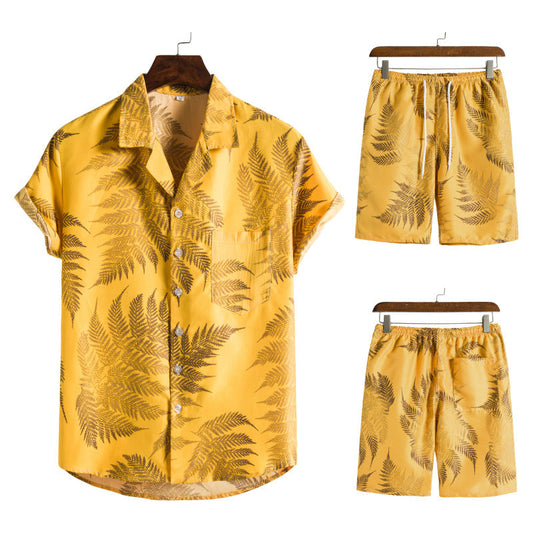 Summer Hawaii Floral Men‘s Beach Sets-Suits-TZ04-Yellow-M-Free Shipping at meselling99