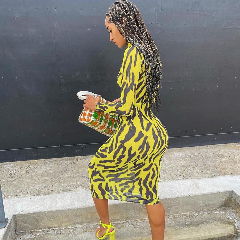 Sexy High Neck Yellow Leopard Long Sleeves Women Dresses-Dresses-Free Shipping at meselling99