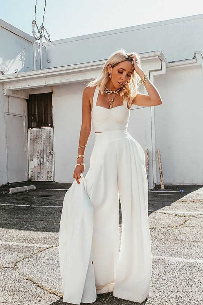 Women Summer Sexy Straps Crop Top and Loose Pants Suits-White-S-Free Shipping at meselling99