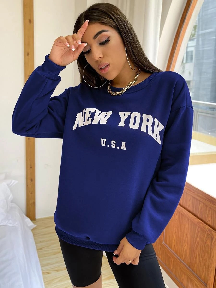 Leisure Women Letter Print Fall Hoodies-Shirts & Tops-Dark Bkue-S-Free Shipping at meselling99
