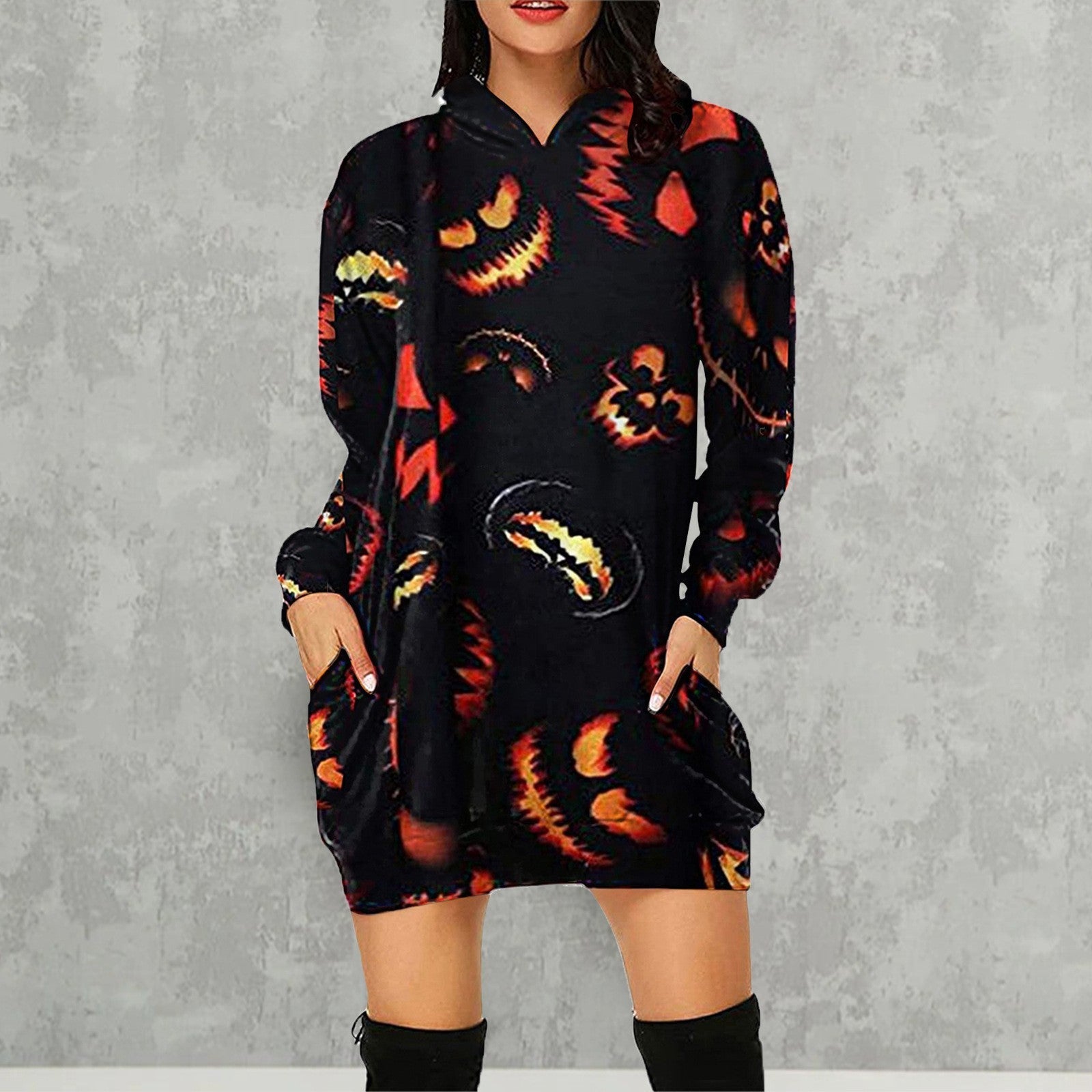 Halloween Pumpkin Design Long Sleeves Hoodies for Women-Black Grimace-S-Free Shipping at meselling99