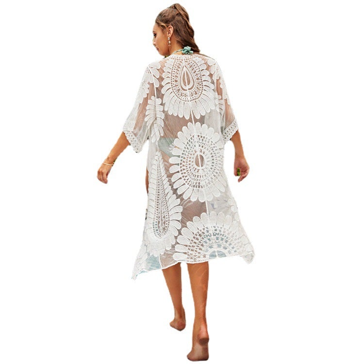 Sexy Lace See Through Cardigan Beach Cover Ups-Swimwear-White-One Size-Free Shipping at meselling99