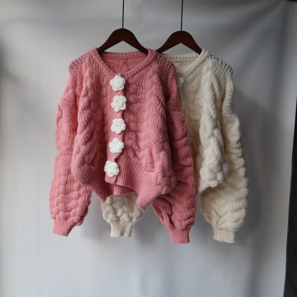 Warm Flowers Design Women Knitted Cardigans-Shirts & Tops-Pink-One Size-Free Shipping at meselling99
