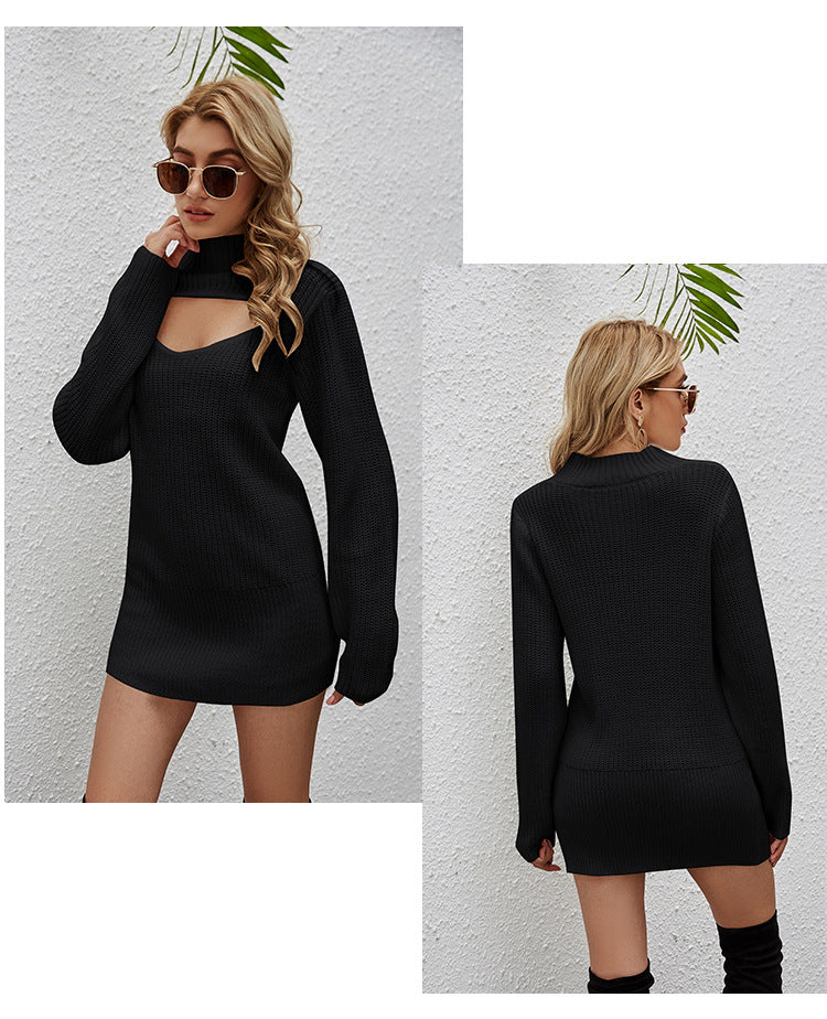 Sexy Long Sleeves Knitted High Neck Knitting Sweaters-Dresses-Free Shipping at meselling99