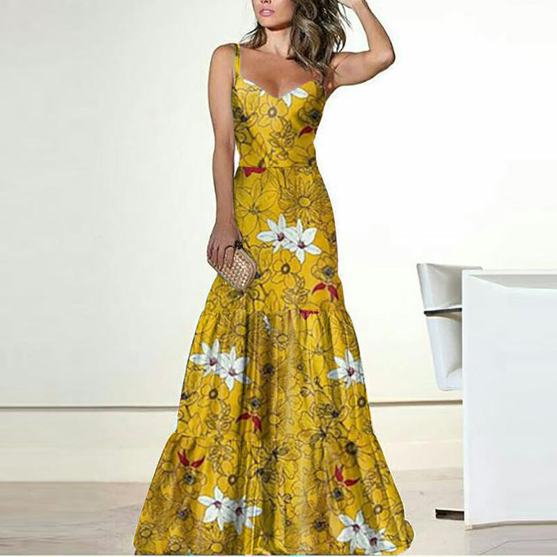 Sexy Summer Floral Print Long Dresses-Maxi Dreses-Yellow-S-Free Shipping at meselling99