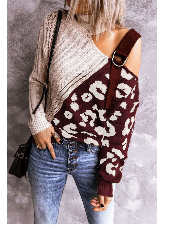 New Leopard High Neck Women Fall Sweaters-Women Sweaters-Wine Red-S-Free Shipping at meselling99