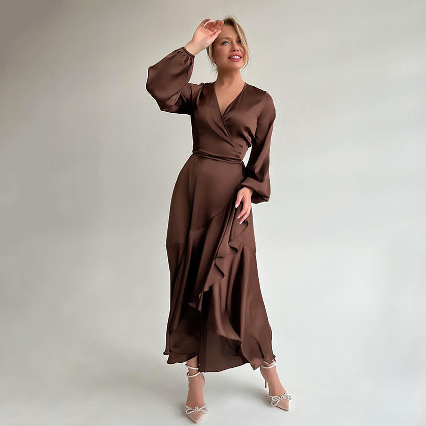 Elegant High Waist Long Sleeves Dresses-Dresses-Brown-S-Free Shipping at meselling99