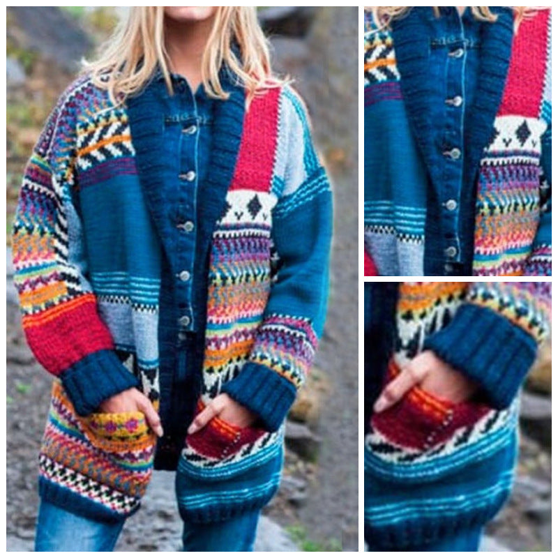 Blue Women Knitted Fall Sweaters with Pocket-Sweaters-Free Shipping at meselling99
