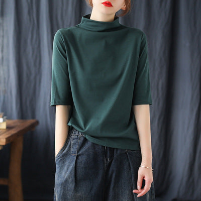 Vintage Half Sleeves Women High Neck T Shirts-Shirts & Tops-Green-One Size-Free Shipping at meselling99