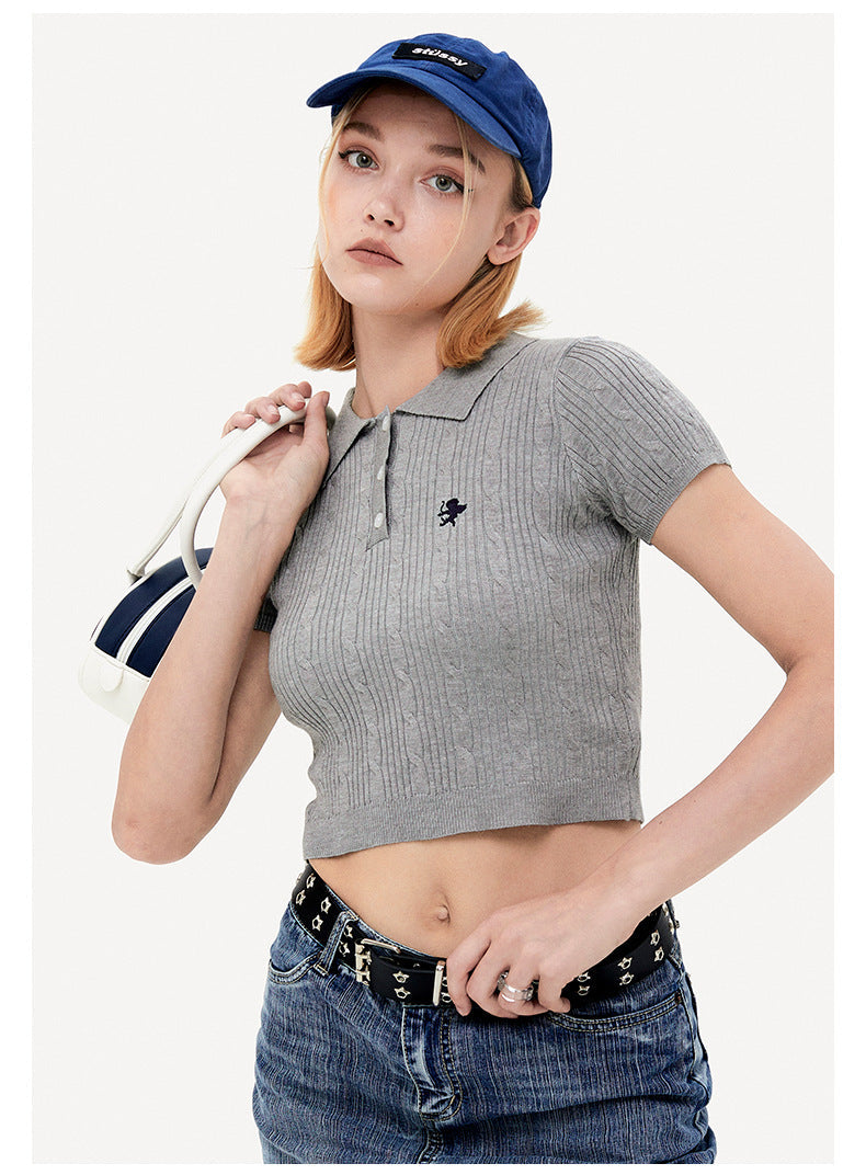 Vintage Knitted Short Sleeves Polo T Shirts-Shirts & Tops-Gray-S-Free Shipping at meselling99