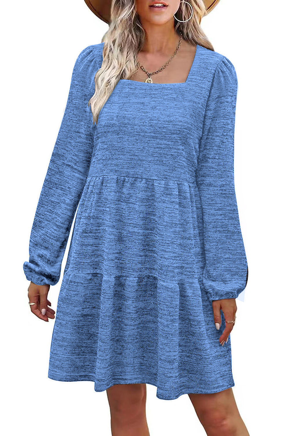 Fashion Square Neckline Fall Mini Dresses-Dresses-Lake Blue-S-Free Shipping at meselling99