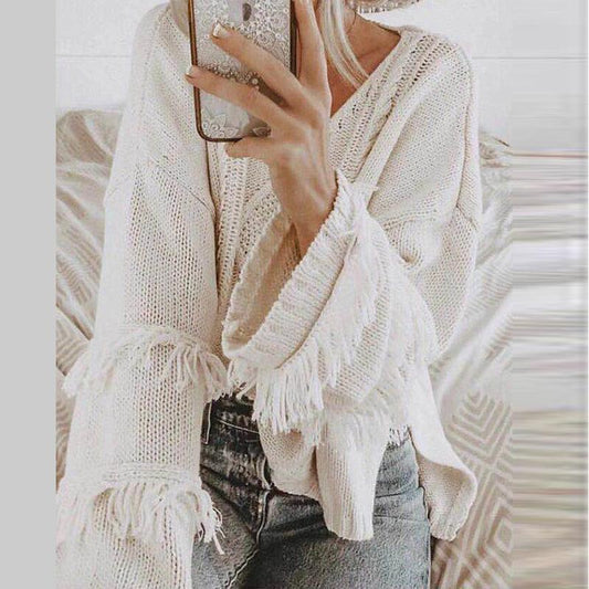 Loose V Neck Tassel Cardigan Sweaters-Women Sweaters-White-S-Free Shipping at meselling99