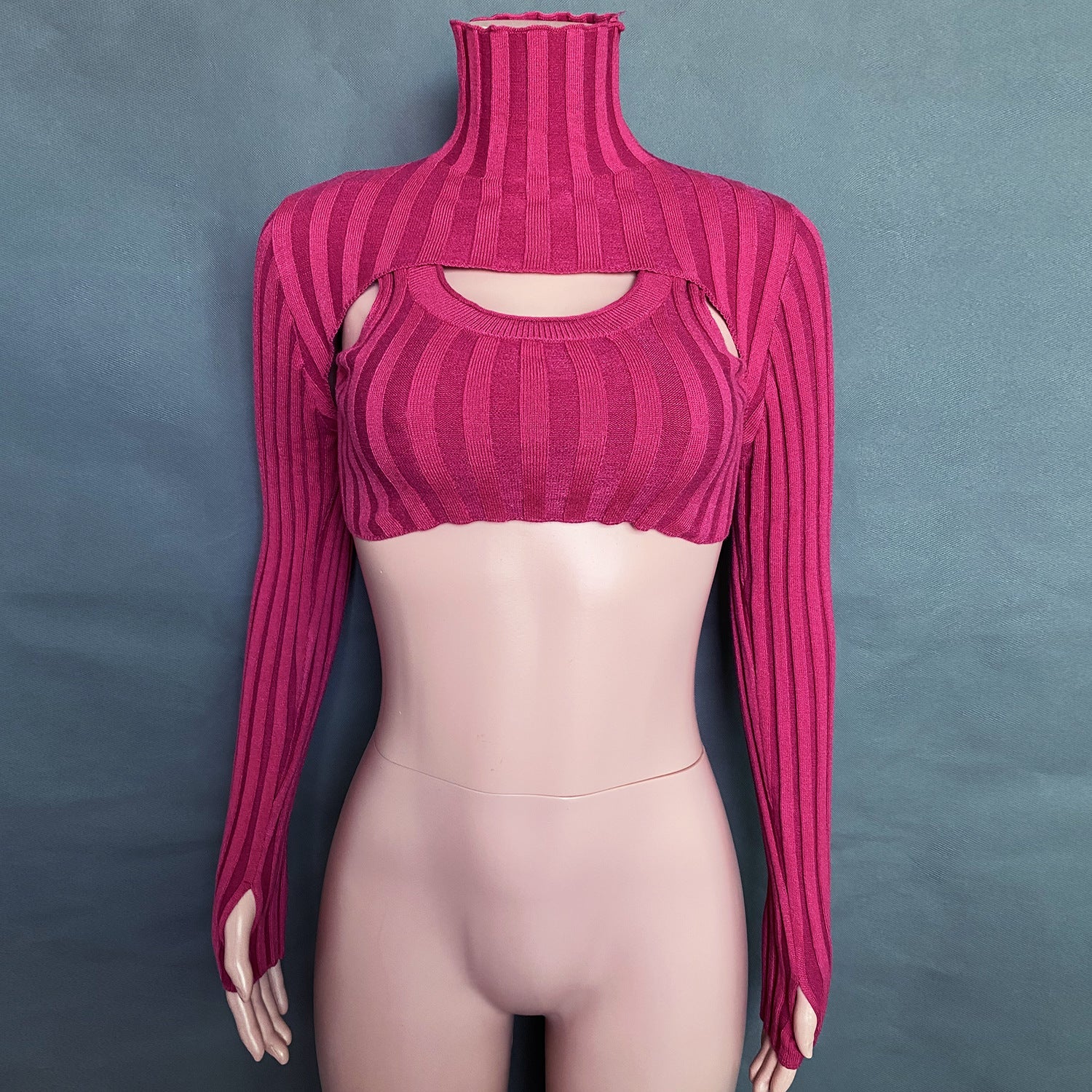 Sexy High Neck Knitted Women Short Tops Suits-Shirts & Tops-Rose Red-S-Free Shipping at meselling99