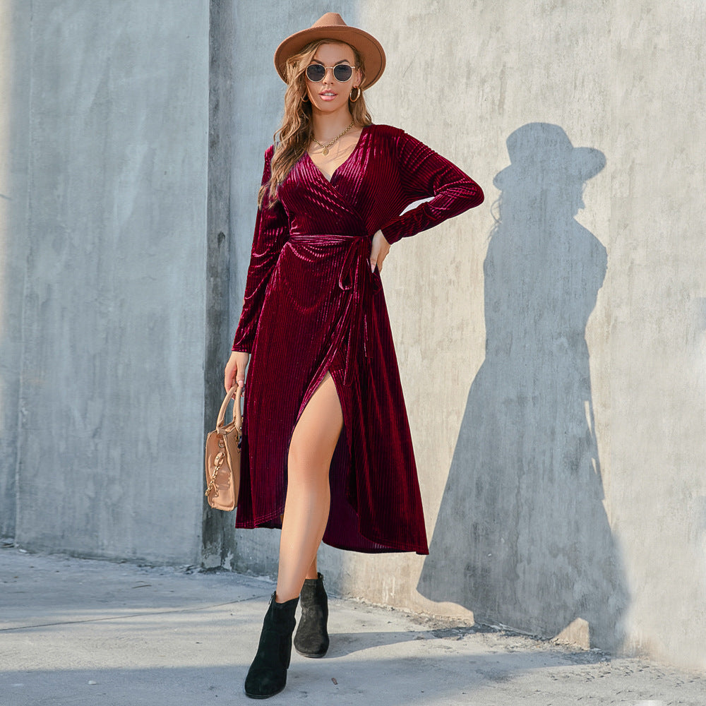 Elegant Corduroy Fall Dresses-Dresses-Wine Red-S-Free Shipping at meselling99