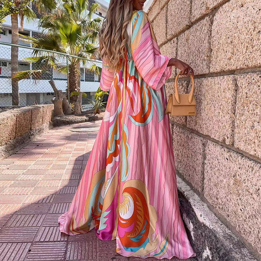 Women Floral Print Fall Long Dresse-Maxi Dresses-Free Shipping at meselling99