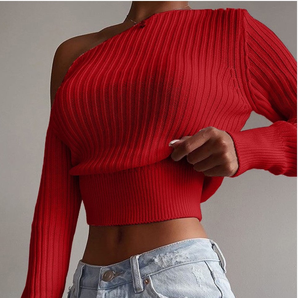 Women One Shoulder Sexy Knitted Sweaters-Shirts & Tops-Red-S-Free Shipping at meselling99