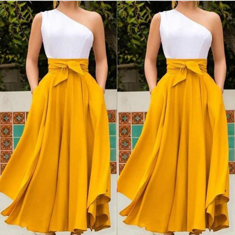 One Shoulder Sleeveless Belt Long Dresses-Maxi Dresses-Yellow-S-Free Shipping at meselling99