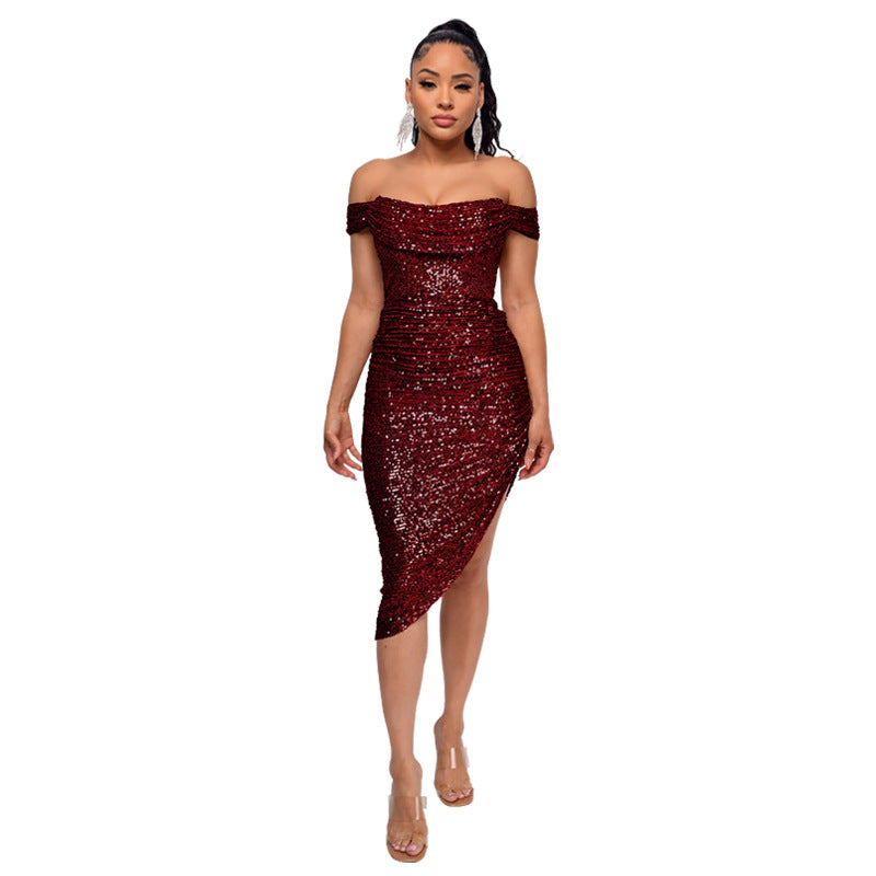 Sexy Off The Shoulder Sequined Mini Cocktail Dresses-Dresses-Wine Red-S-Free Shipping at meselling99